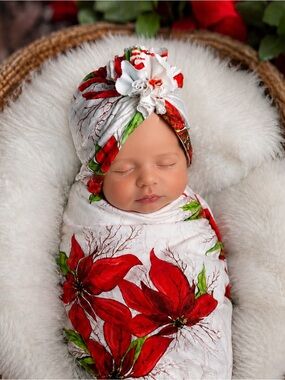 Newborn Swaddle Set | Poinsettia Christmas Baby Girl Turban Hat & swaddle